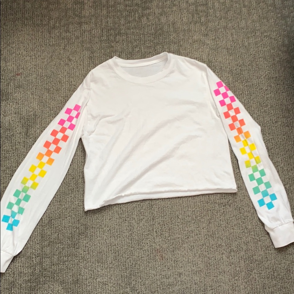 White long sleeve with rainbow checker print